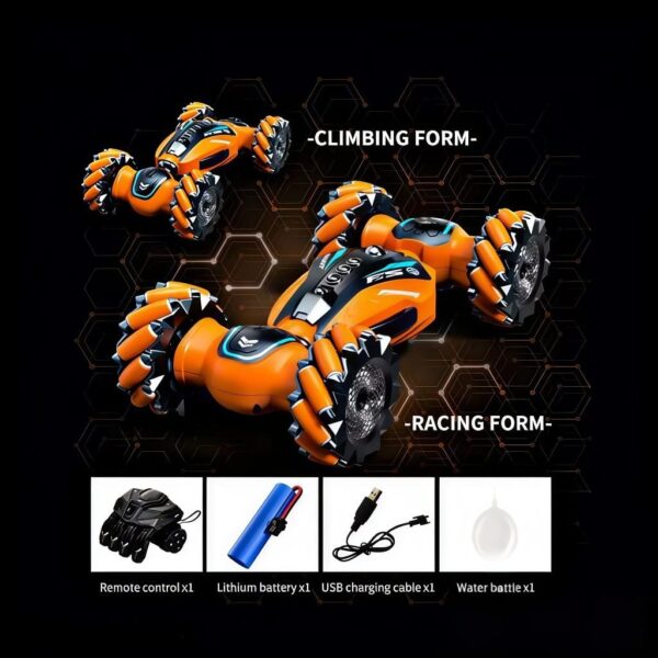 سيارة تحكم عن بعد مع قفاز برتقالي