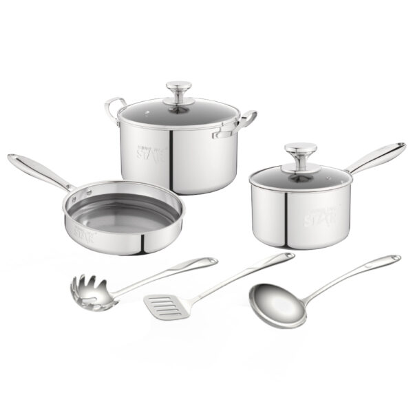 مجموعة قطع من أواني الطهي المصنوعة من الفولاذ المقاوم للصدأ