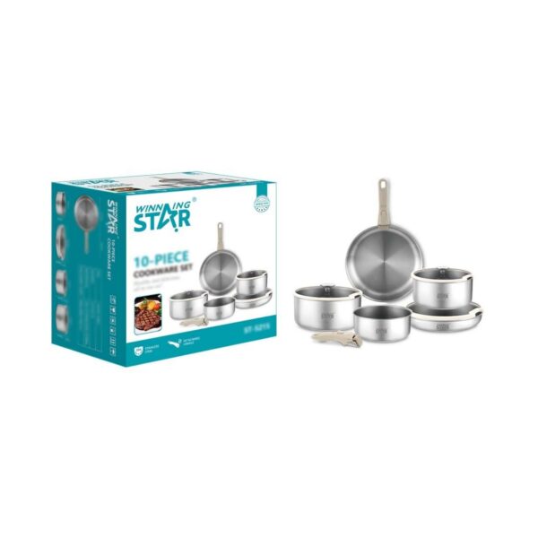 مجموعة من 10 قطع من أواني المطبخ والمقالي غير اللاصقة المصنوعة من الفولاذ المقاوم للصدأ مع غطاء زجاجي