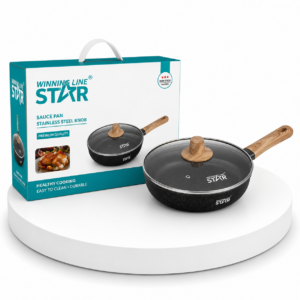 St-5202-30 مقلاة جديدة من الألومنيوم المصبوب غير اللاصق من Winning Star مقاس 30*8.9 سم مع مقبض من الباكليت وغطاء زجاجي.