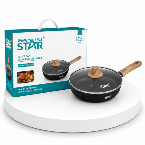 St-5202-30 مقلاة جديدة من الألومنيوم المصبوب غير اللاصق من Winning Star مقاس 30*8.9 سم مع مقبض من الباكليت وغطاء زجاجي.