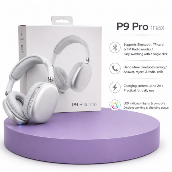 سماعة رأس بلوتوث P9 Pro Max باللون الفضي اللؤلؤي
