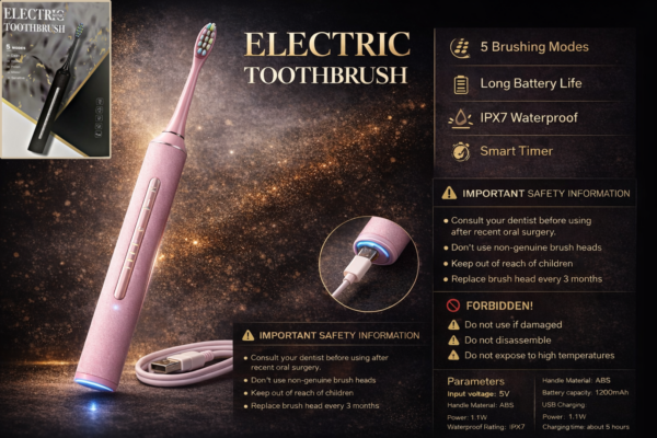 فرشاة أسنان كهربائية بخمسة أوضاع وردية