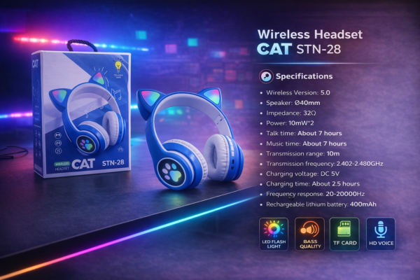 سماعة رأس لاسلكية قطة STN-28 أزرق