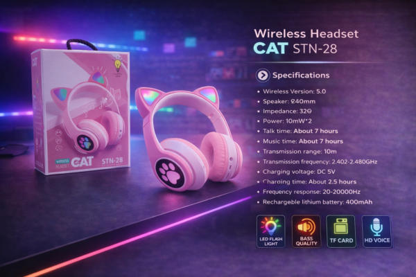 سماعة رأس لاسلكية قطة STN-28 وردي