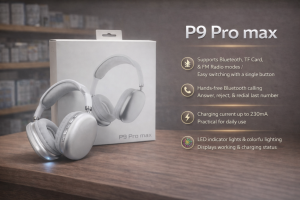 سماعة رأس بلوتوث P9 Pro Max باللون الفضي اللؤلؤي