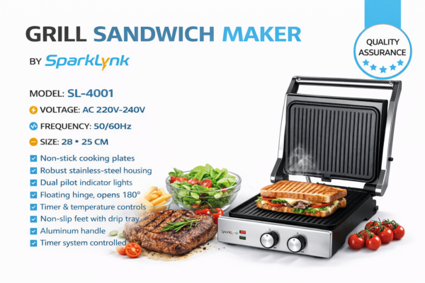 250bb235-3b8c-4347-b1b7-b99ca643045c صانعة ساندويتشات الشواء SPARKLYNK – موديل SL-4001 بقوه 2200 واط